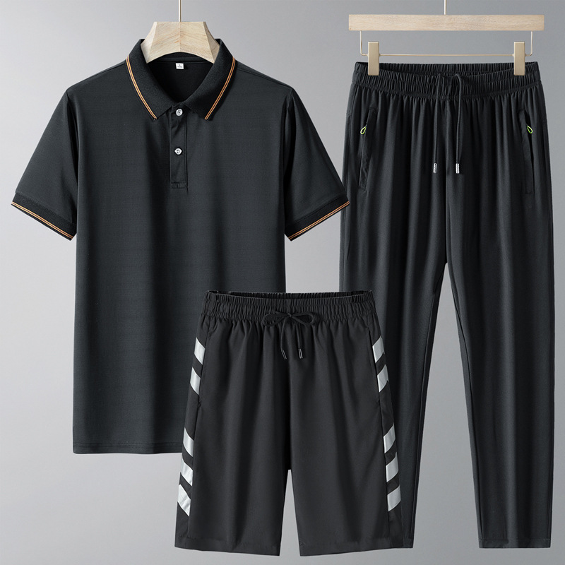 Set de manga corta de mediana edad para hombre verano papá pantalones cortos de hielo con solapa polo casual de tres piezas pantalones secos rápidos