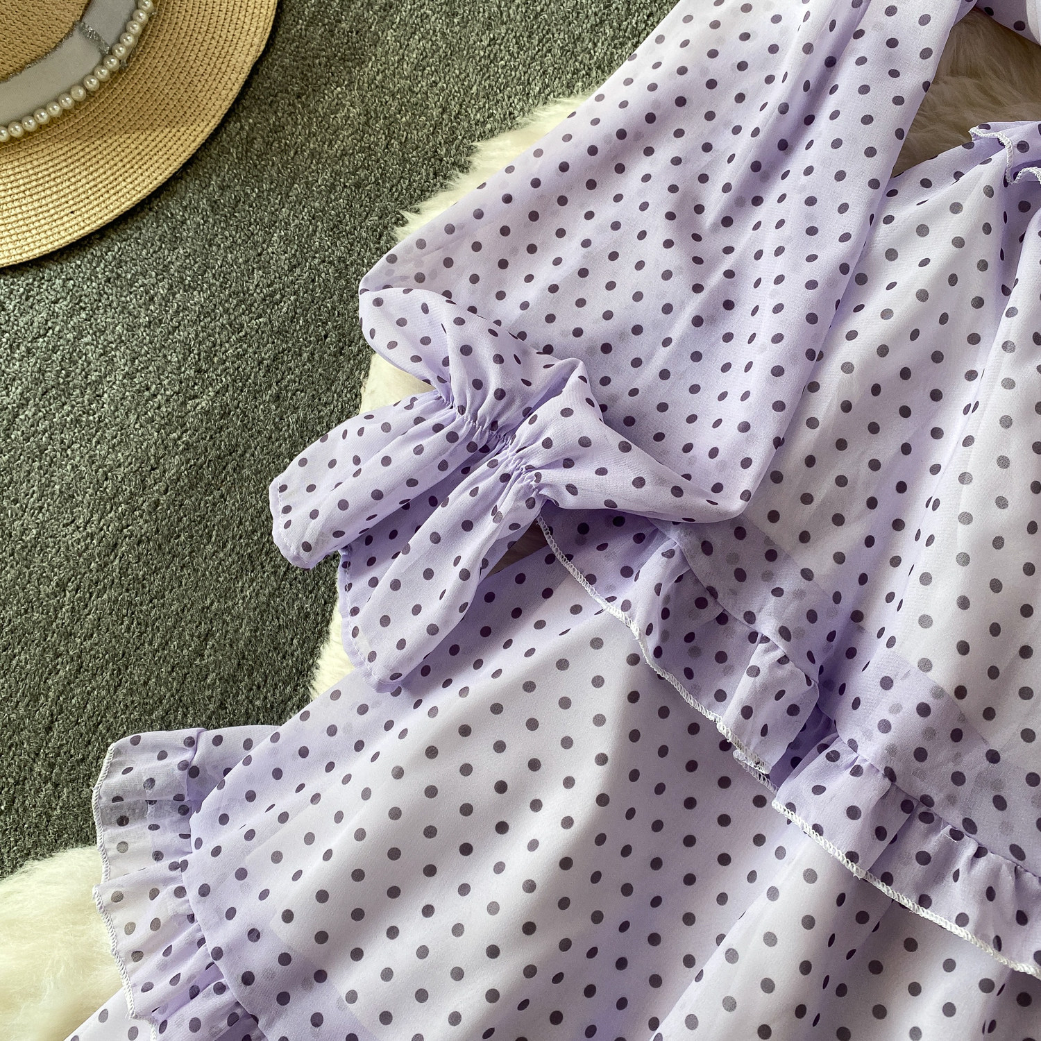 Women's French Sweet Color Block Bow V Neck Long Sleeve Dress Summer Polka Dot Ruffle Hem Elegant Long Skirt_ecoleips.com