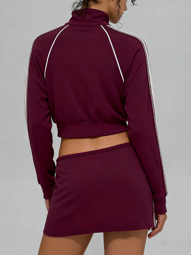 Autumn and winter new modal air-layer jacket with white stripes, breathable stand-up collar, zippered coat and short skirt—women's casual sports suit