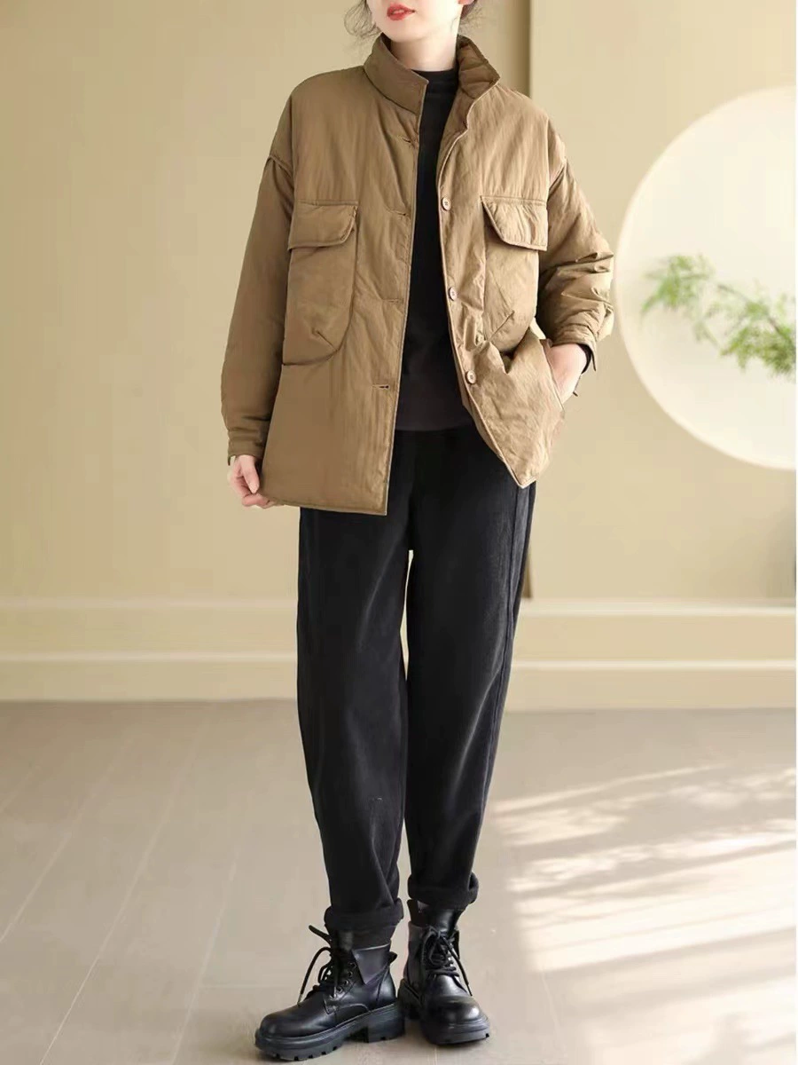 Demi‑season quilted down jacket, oversized cut, solid colors (khaki/black/dark purple)