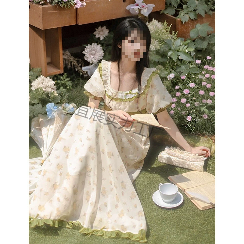 Flora's Garden Imperial Style Cla Series ретро Элегантная картина маслом в стиле зеленого цветка с квадратным вырезом Маленькая длинная юбка с высокой талией