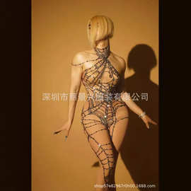 跨境电商演出服夜店酒吧女满钻珠网透视连体长裤舞队