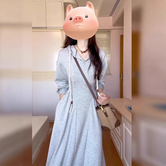 长袖连帽卫衣连衣裙女 秋冬季新款法式灰色气质收腰早秋内搭长裙