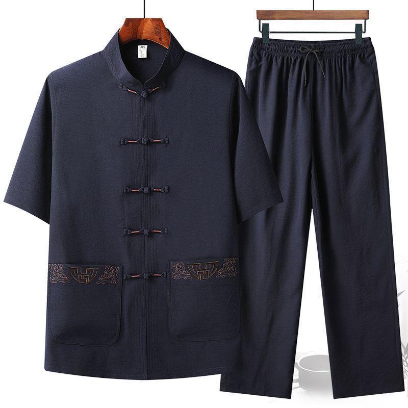 Men's Hanfu Ice Silk Summer Short-Sleeved Tang Suit Set for Middle-Aged and Elderly, Chinese Style Men's Clothing, Summer Clothing for Fathers, Shirts for Grandfathers