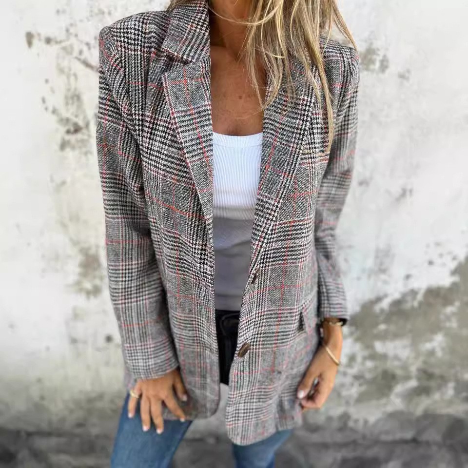Saco Blazer con Estampado Pata de Gallo de Poliéster con Solapa para Otoño e Invierno