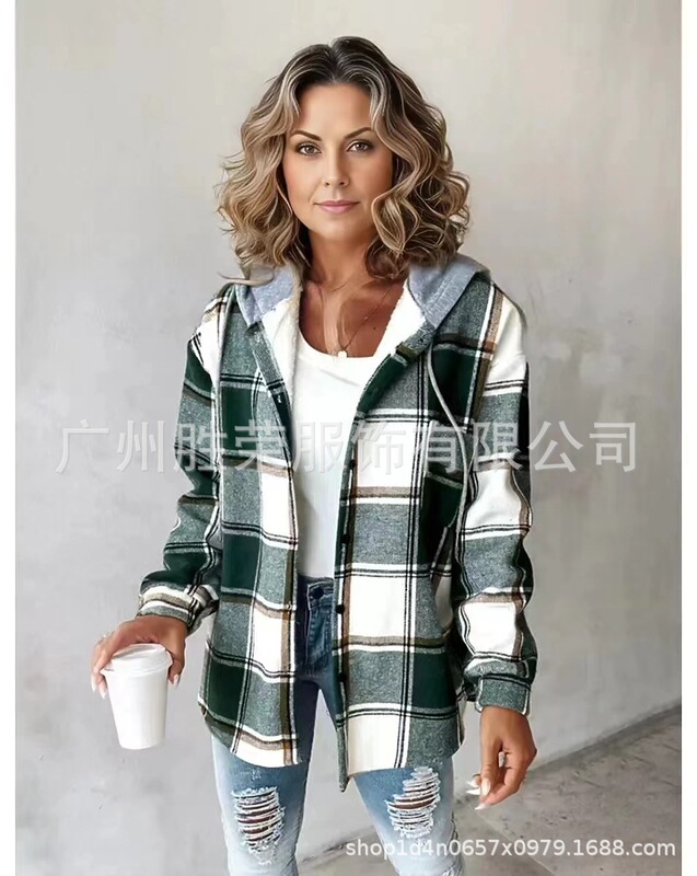 2025 新しいクロスボーダー外国貿易ヨーロッパとアメリカの服アマゾン秋冬ホットスタイル大きなチェック柄プリントフード付きジャケット|undefined