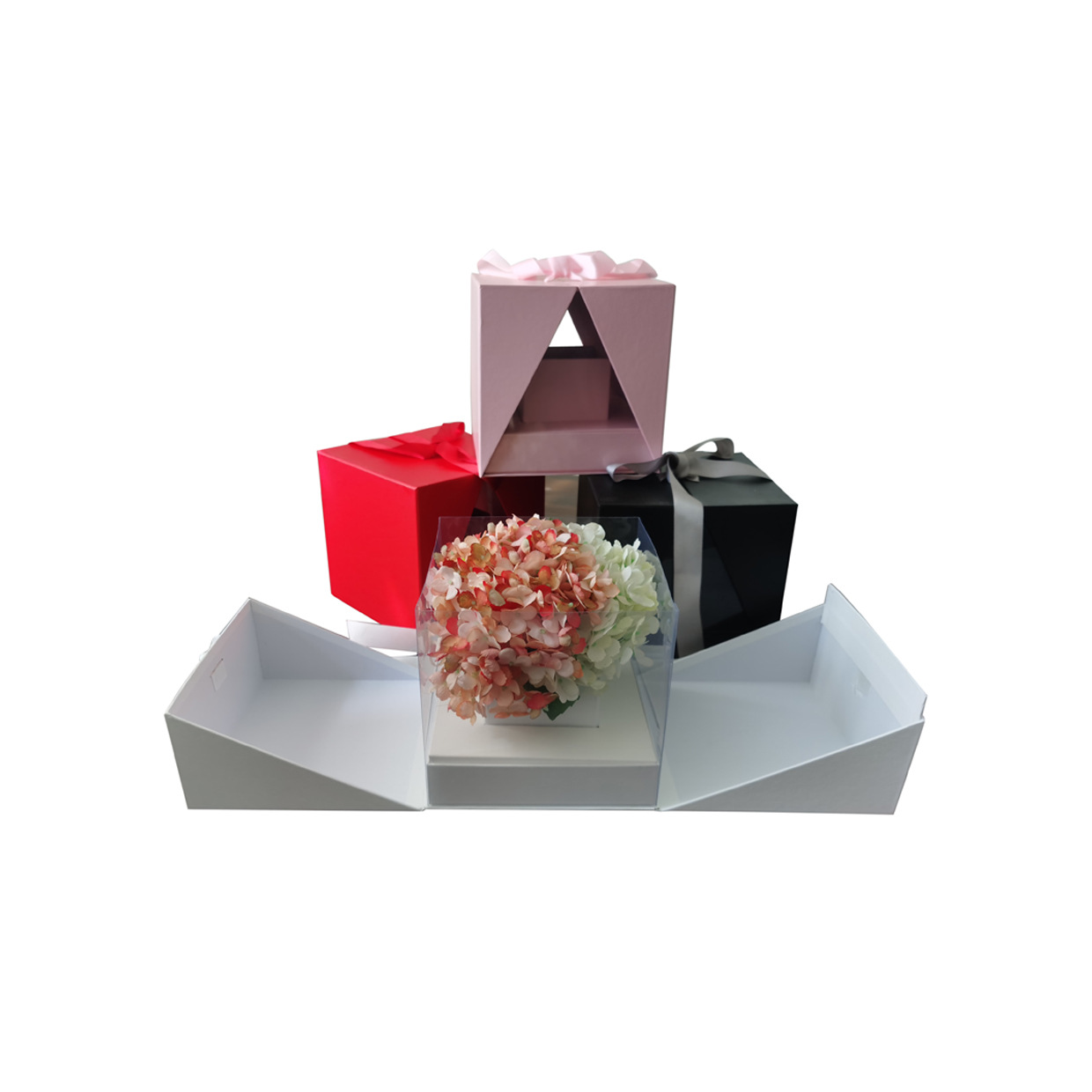 合心意创意对开正方PVC鲜花插花礼品盒 手捧插花盒子鲜花包装盒