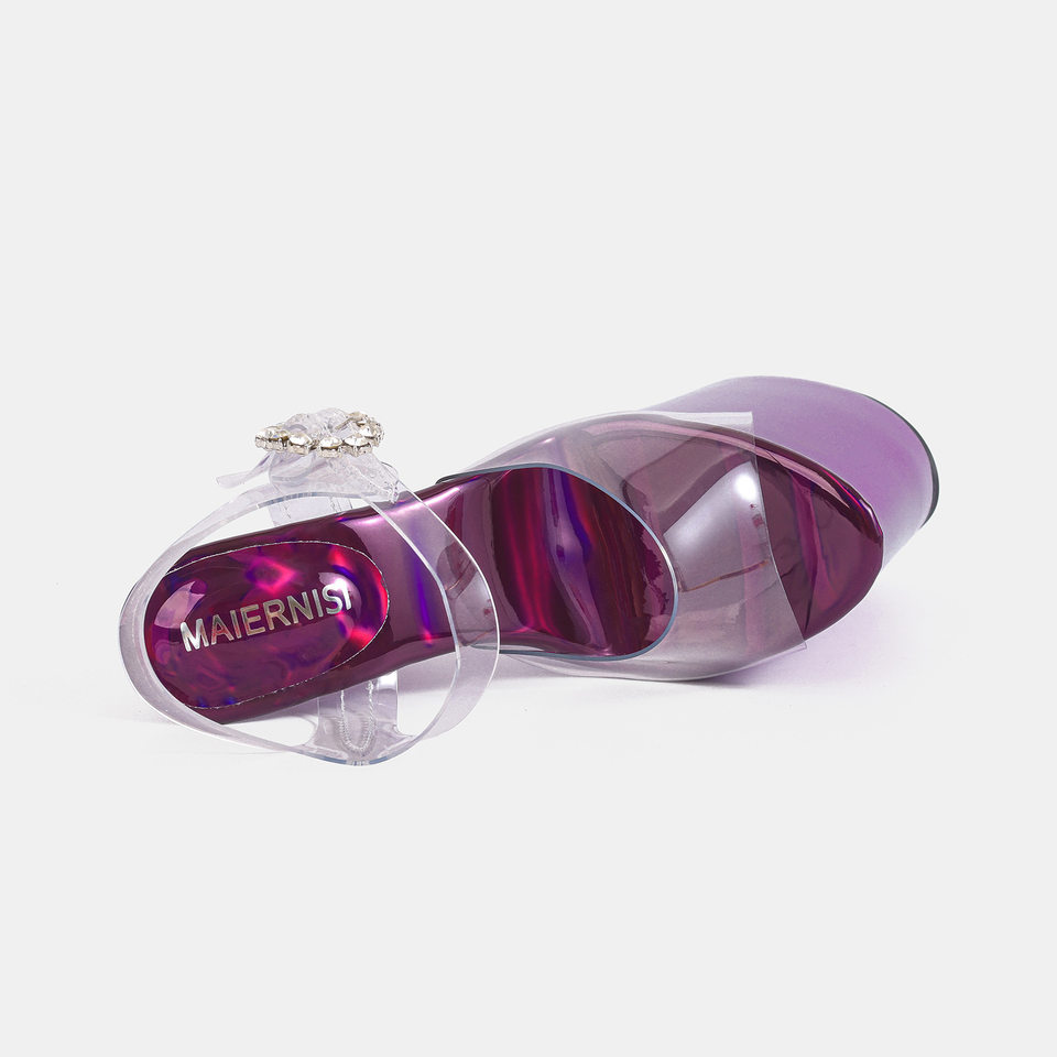 Sandal nữ gót nhọn siêu cao hở mũi quai ngang trong suốt, đế cao 16 cm — Màu be, Màu hồng, Màu tím, màu đen chi tiết 4