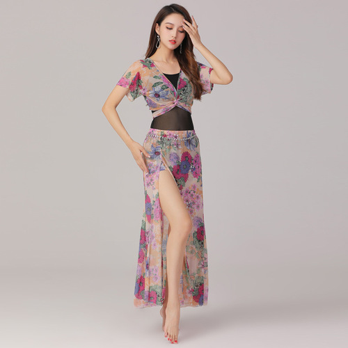 New autumn and winter large size belly dance practice clothes suit mesh oriental dance performance clothes slit skirt