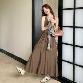 高级感慵懒老钱风镂空亚麻松长袖针织衫女春秋法式高腰两件套长裙