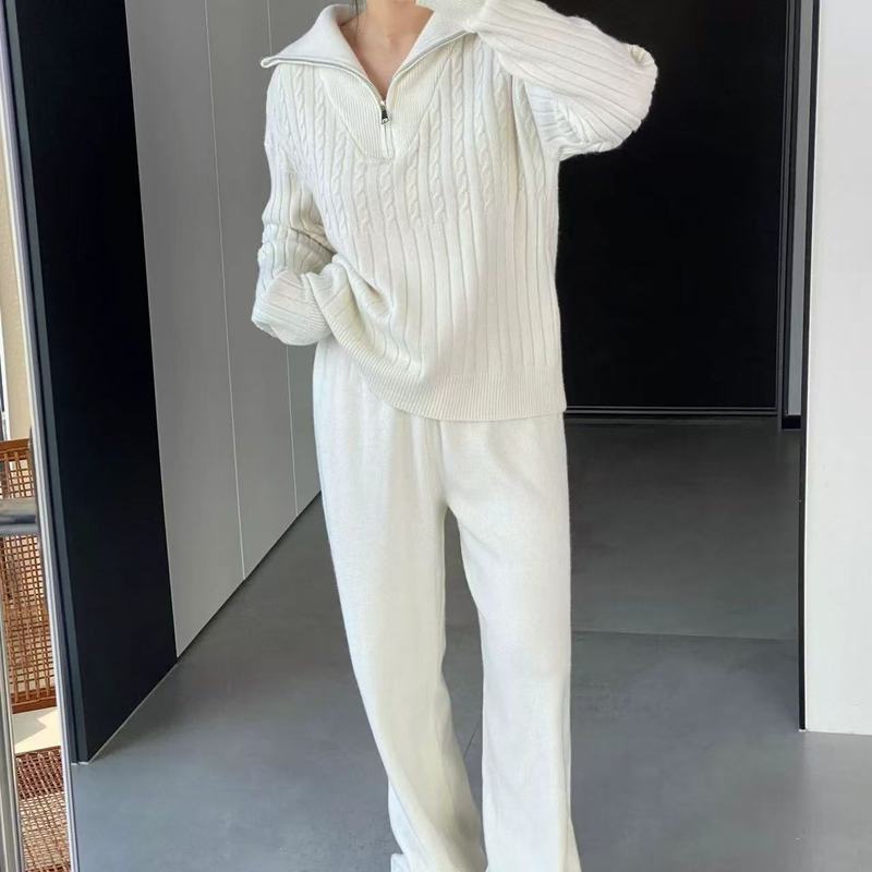 半拉链绞花针织套装女2025秋冬翻领毛衣＋高腰阔腿裤显瘦两件套|undefined