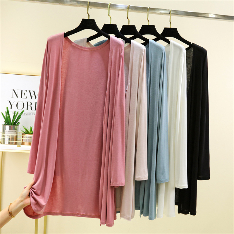 2025 Summer Modal Long Cardigan Women's Thin Long Sleeve Sun Protection Clothing Shawl Jacket Solid Color Air Conditioning Shirt