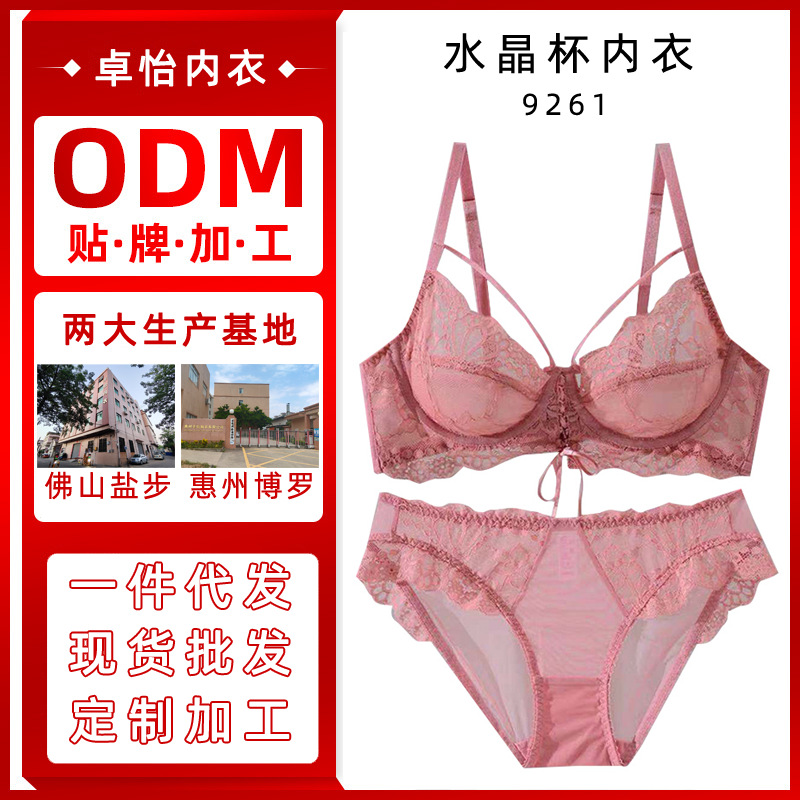 Copa de molde ultrafina europea y americana personalizada sujetador de ropa interior sexy hermoso anillo de acero transparente encaje ligero conjunto de sujetador de talla grande