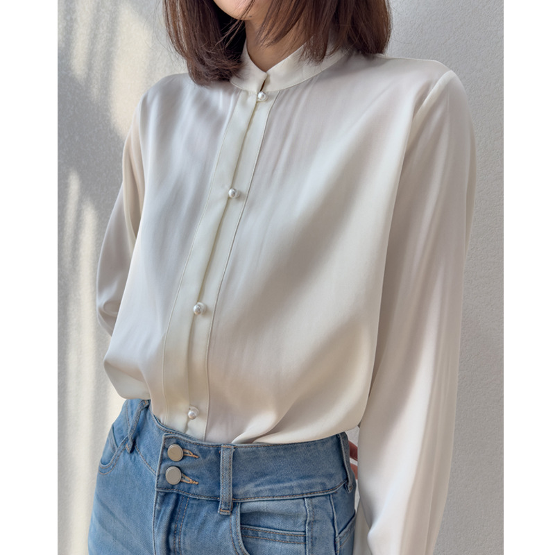 2025, ранняя весна, новая рубашка 19, шелковая эластичная рубашка из муми с двойным атласом, темпераментный воротник-стойка, рубашка с длинными рукавами на пуговицах и пуговицах для поездок на работу