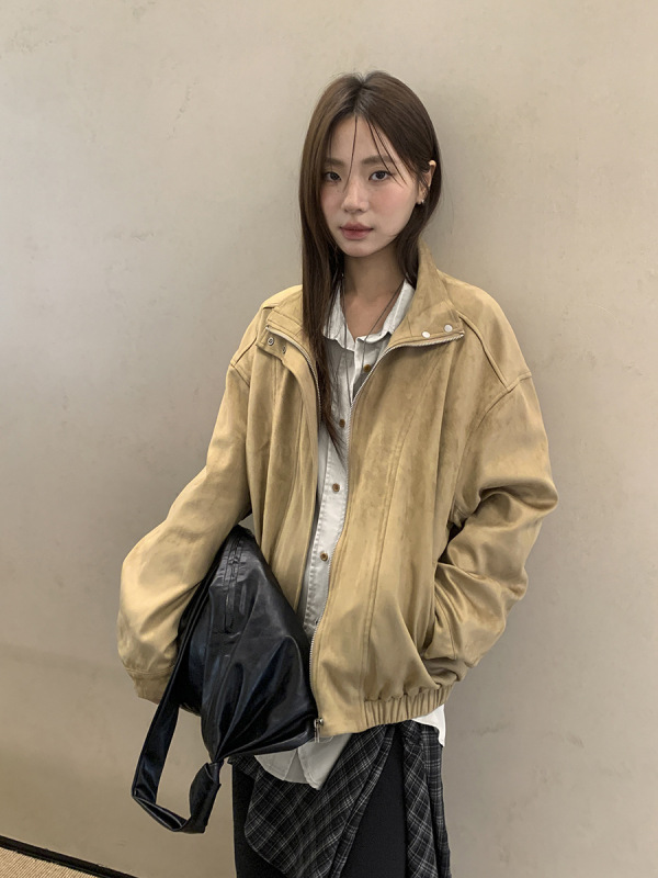 广州十三行2025秋翻领麂皮复古皮夹克休闲百搭设计感皮衣女02809|undefined