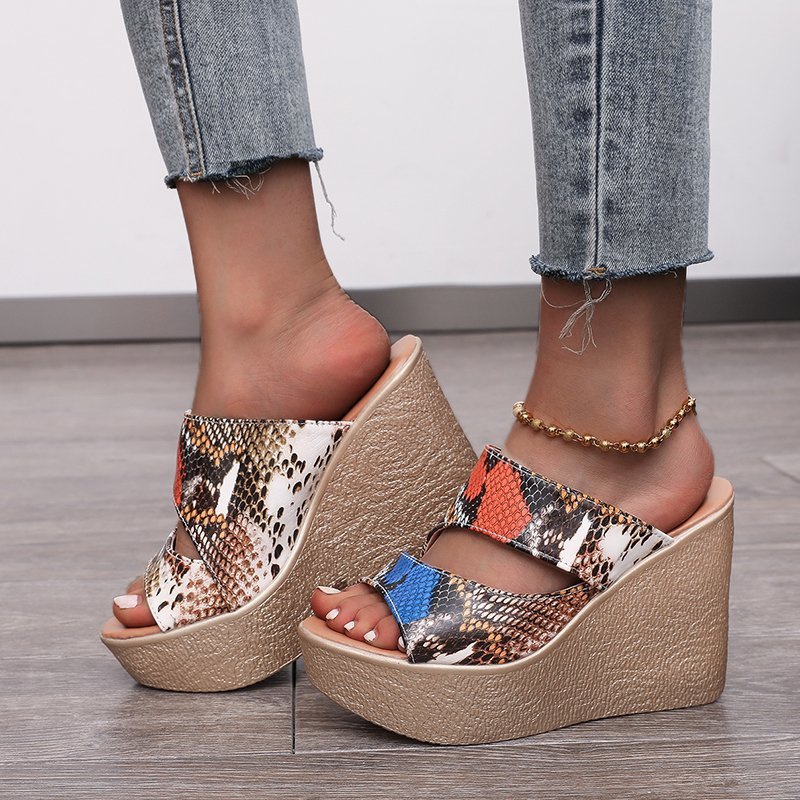 fashion snake printed hollow open toe wedges NSPE55979