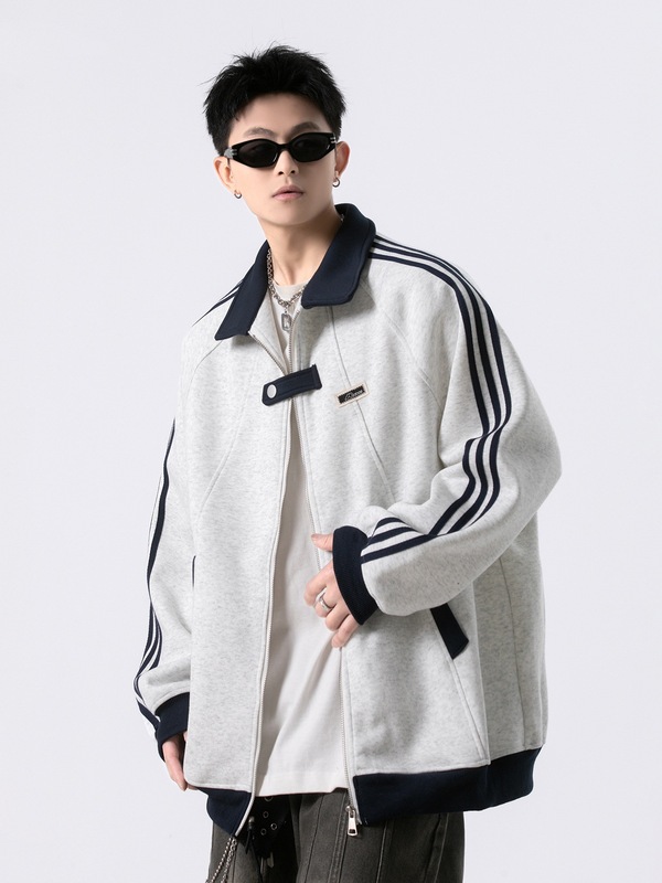 美式三条杠棒球服男女秋冬季重磅潮牌条纹运动夹克青少年拼接外套|undefined