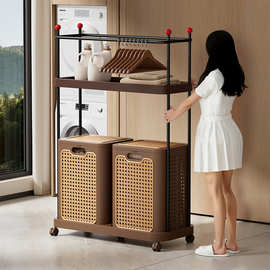跨境藤编脏衣篮组合可移动收纳筐卧室卫生间浴室收纳筐挂衣置物架