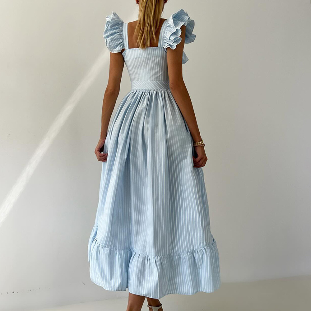 Women's Clothing Striped Dress Button Down Cardigan Waist Cinching Long Dress Summer New Style Flutter Sleeve_ecoleips.com