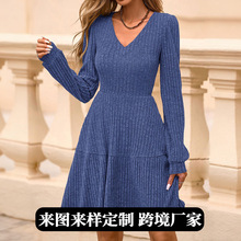 印花加字定做欧美跨境工厂欧美女装收腰针织连衣裙秋冬亚马逊裙子