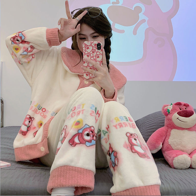 Pijamas de invierno de mujeres de invierno grueso con ropa de franela de terciopelo otoño y invierno de mediana edad Coral Pijamas damas de primavera y otoño