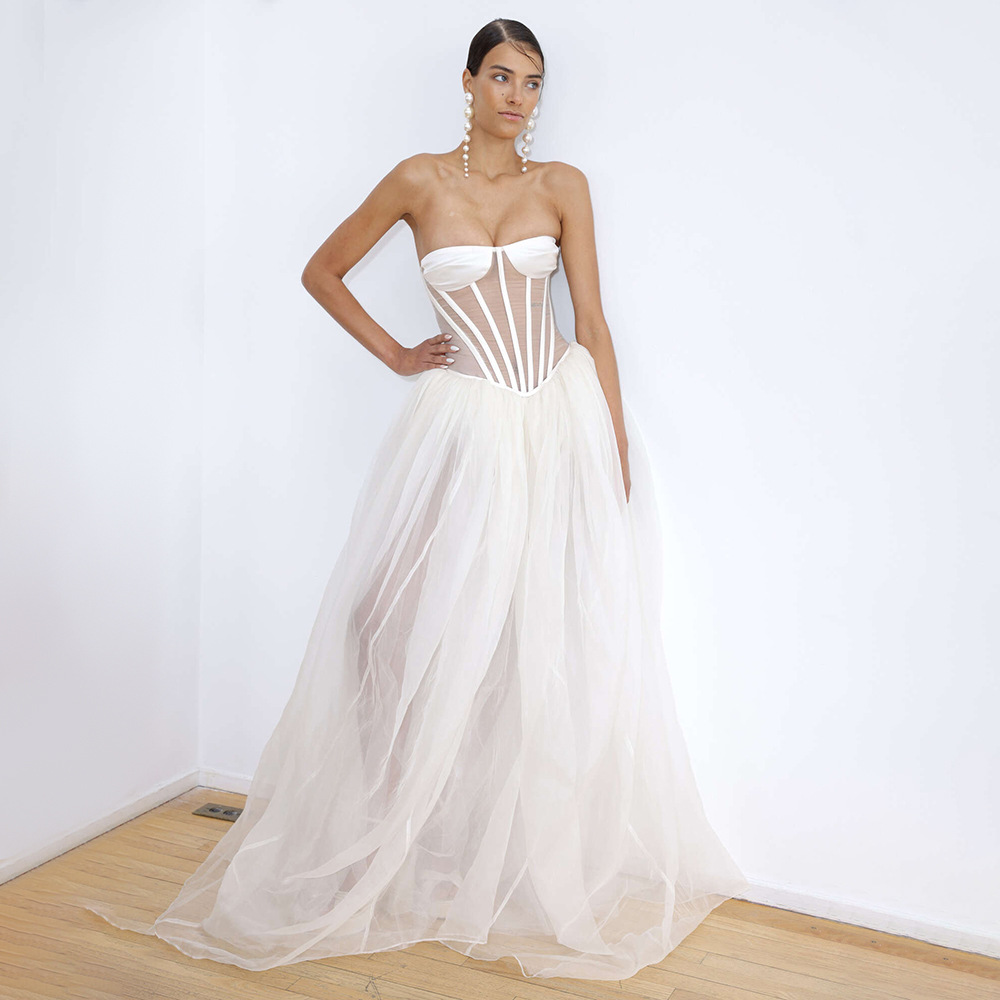 European and American Aliexpress New White Fishbone Tube Top Dress Elegant Mesh See-Through Wedding Dress Long Holiday Dress