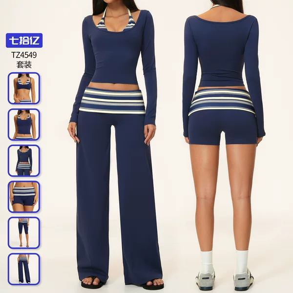 Cross-border faux two-piece sports suit for women, vintage print yoga outfit, suitable for outdoor commuting and shopping, yoga set 4549