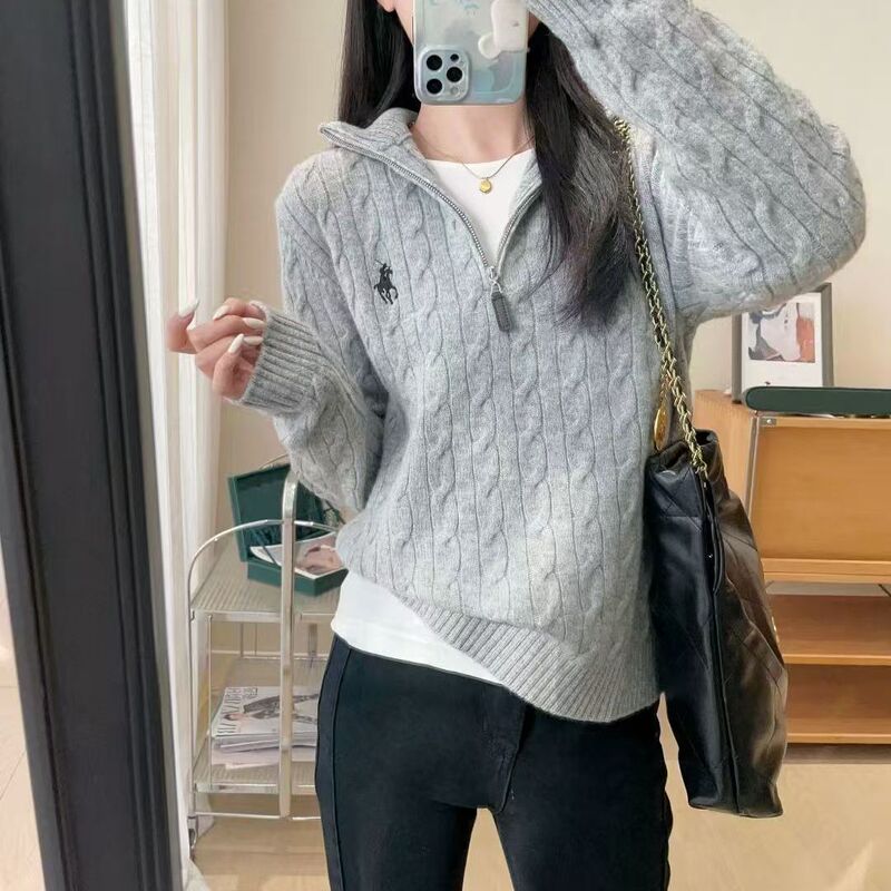 Twist Embroidery Half-Zip Sweater for Women 2026 Spring, Autumn, Winter Niche Soft and Luxurious Knitwear Lazy Style Top