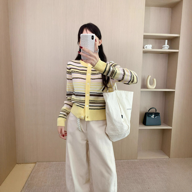 100% Sheep Wool Round Neck Pinstripes Color Knitted Cardigan Sweater Jacket Women's Spring, Autumn and Winter New Elegant Top
