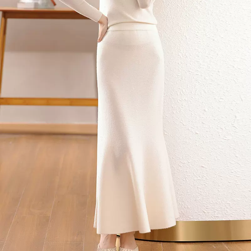 100%纯羊毛鱼尾半身裙女秋冬中长款高腰显瘦针织百搭羊毛包臀裙子