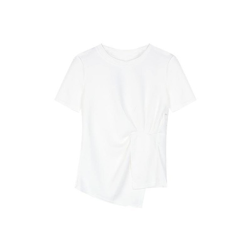 Asymmetrical design in summer pure cotton versatile belly covering and slimming short-sleeved T-shirt women's solid color top ins