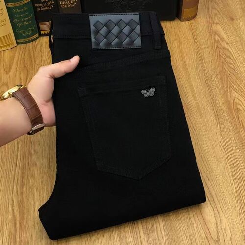 Black Spring and Autumn Men's High-end Twill Comfort Skin-feeling Elastic Slim Straight Long Jeans