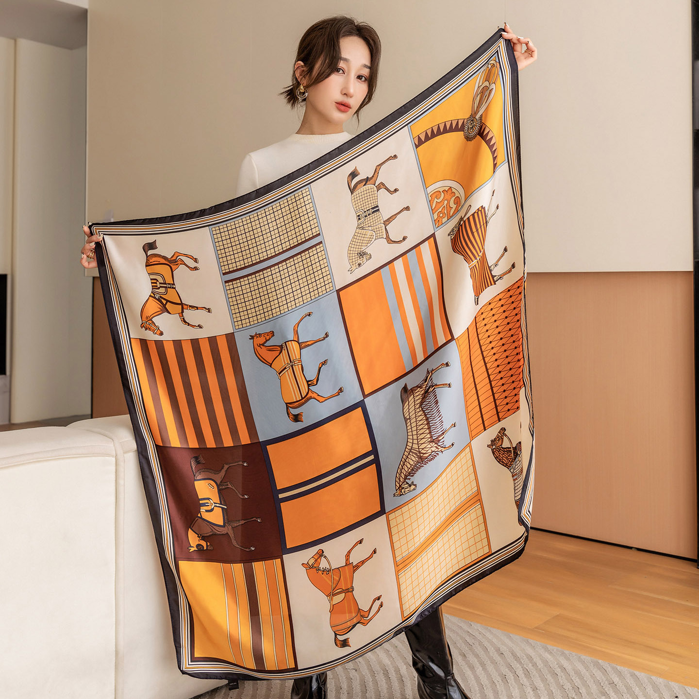 Spring, Summer and Autumn Silk Scarf 110 Printed Large Square Scarf for Women, Imitation Silk Satin Sunscreen, Versatile Scarf, Beach Towel, Neck Protector