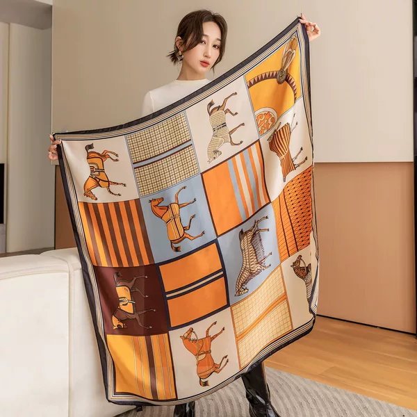 Spring, Summer and Autumn Silk Scarf 110 Printed Large Square Scarf for Women, Imitation Silk Satin Sunscreen, Versatile Scarf, Beach Towel, Neck Protector