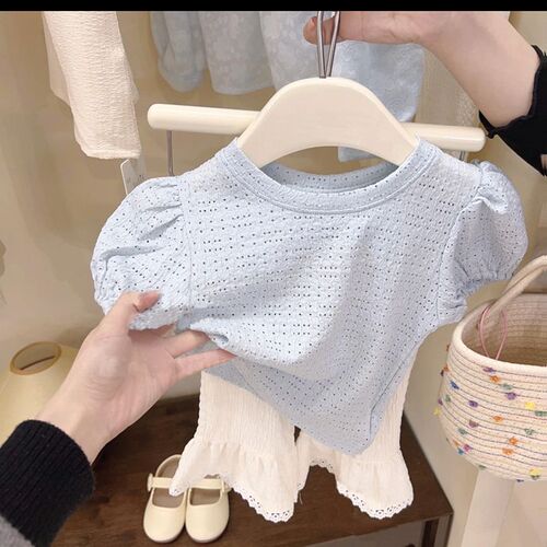 Girls' Short Sleeve T-Shirt  New Children's Summer Fashionable Bowknot Backless Underwear Fashion Bell Bottom Pants 