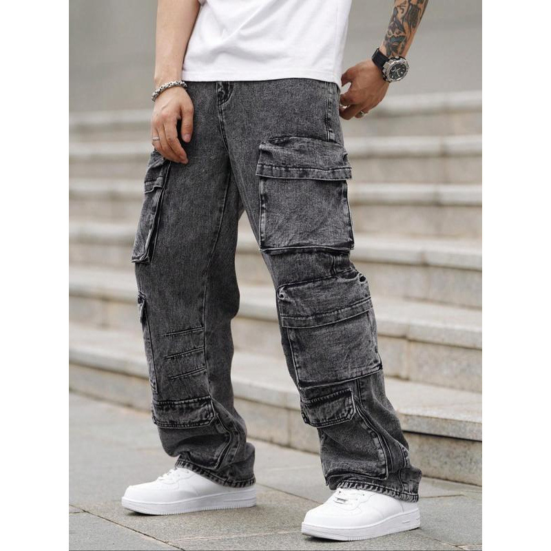 跨境Men's Street Style Washed Wide Leg Cargo Jeans Loose Fit|undefined