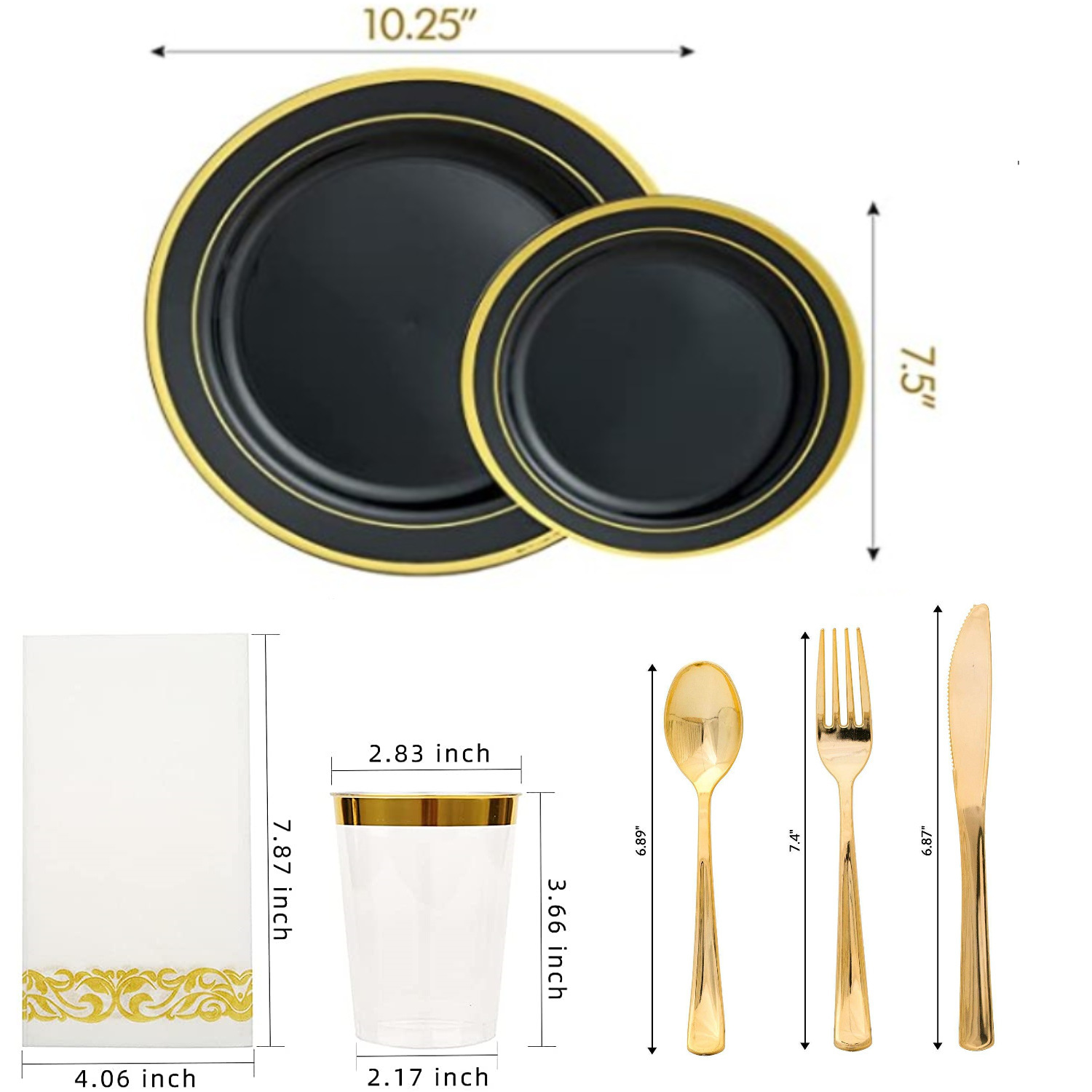 검정색 바탕에 금색 테두리가 있는 크고 작은 접시 + 10호 금칼, 포크, 스푼 + 10OZ 금테 컵 + 금무진지, 7가지 스타일, 각 1개