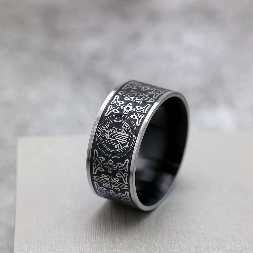 European and American Retro Stainless Steel Men's Ring Saint Ben's Cross Exorcist Ring