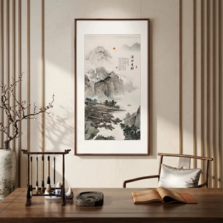 新中式山水画入户玄关挂画国画竖版客厅装饰画流水生财壁画水墨画