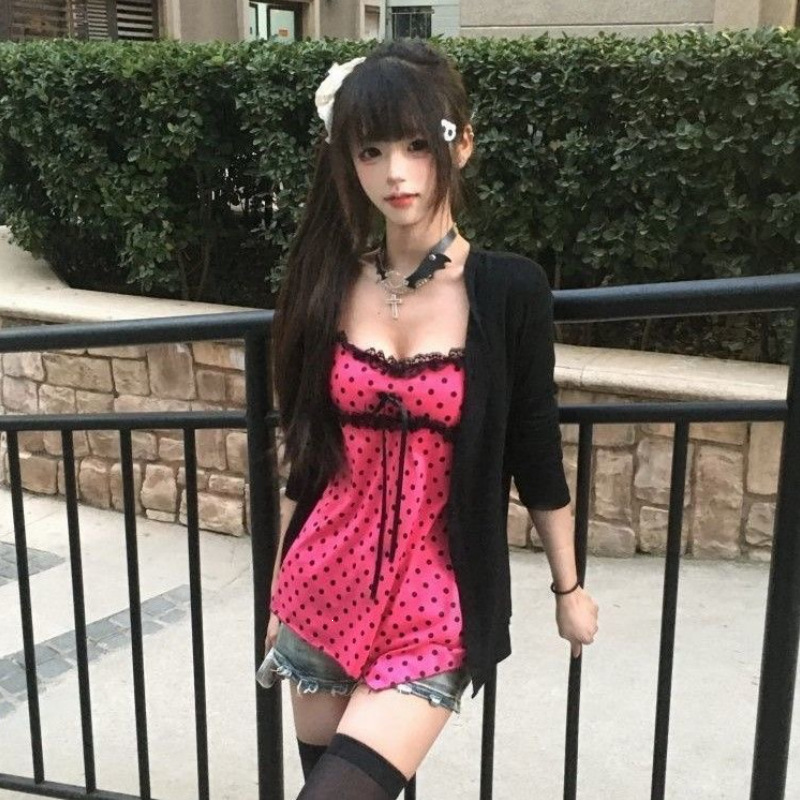 Japanese vintage hot girl style polka dot camisole women's set, black sunscreen cardigan two-piece top for spring, summer, and autumn Japanese vintage hot girl style polka dot camisole women's set, black sunscreen cardigan two-piece top for spring, summer, and autumn