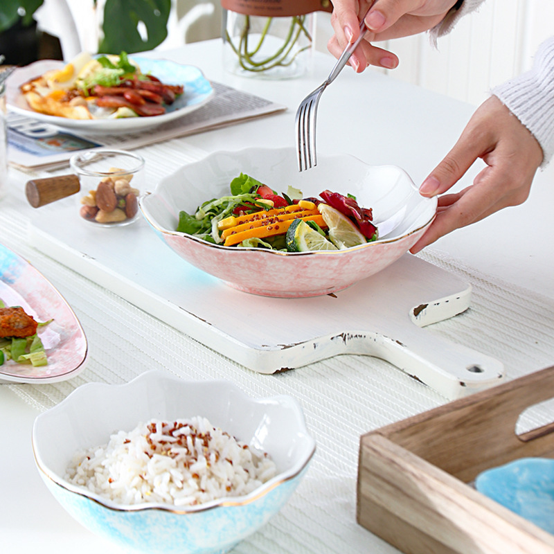 創意金邊陶瓷水果沙拉碗小清新碗碟餐具盤子ins西餐盤甜品碗飯碗