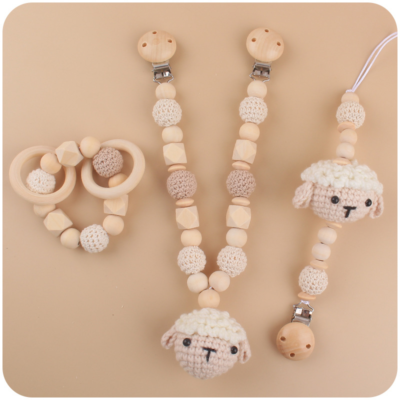 Nuevo bebé suministros de dibujos animados animal jirafa ovejas calmante bebé chupete cadena coche colgando traje de tres piezas