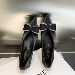 2873-H36 Korean version fashionable and comfortable flat shoes, shallow mouthed pointed silk satin rhinestone bow flat heel shoes, women's shoes