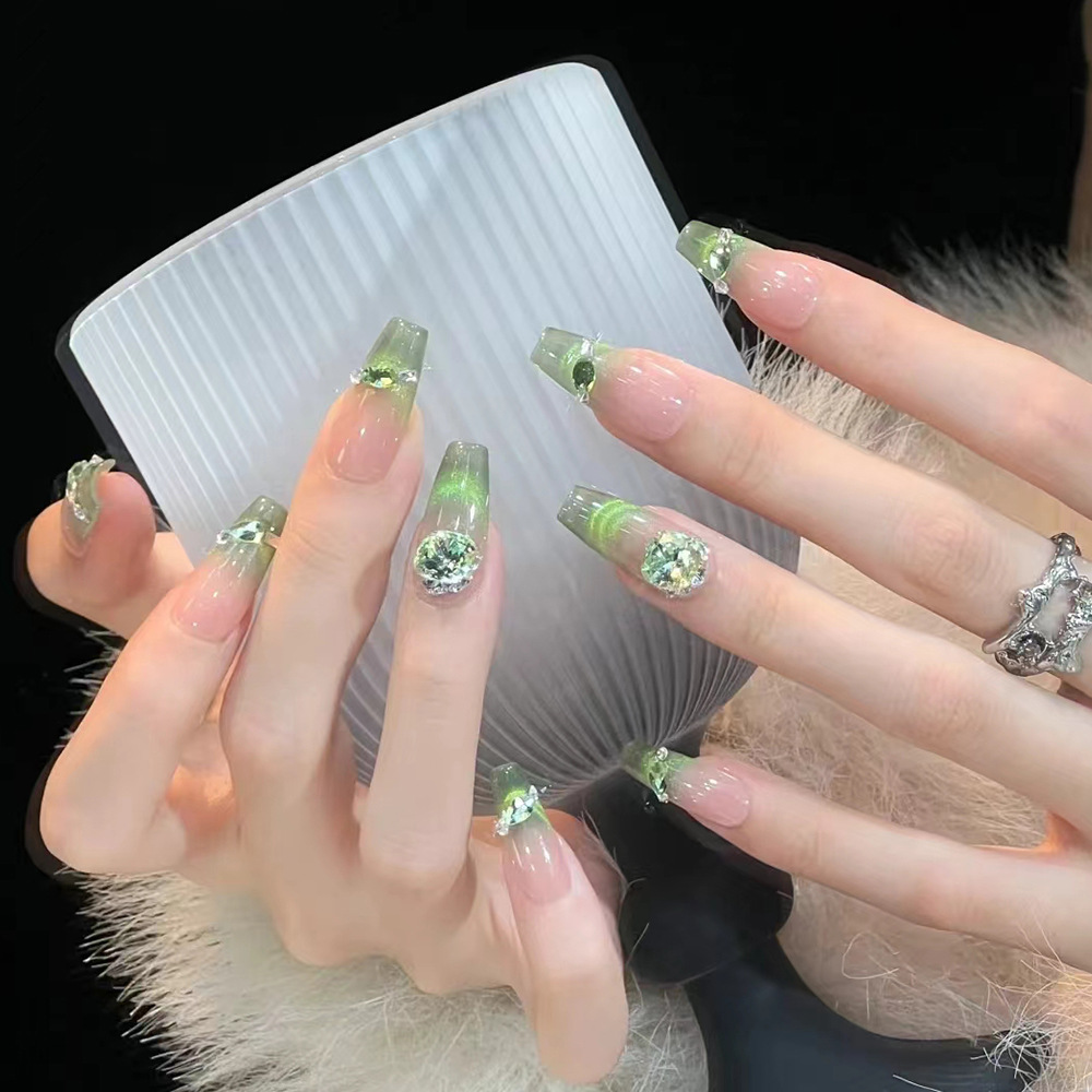 Diamante verde, ojo de gato, uñas largas, lujo brillante, uñas de ballet, 24 piezas, parches de uñas terminados