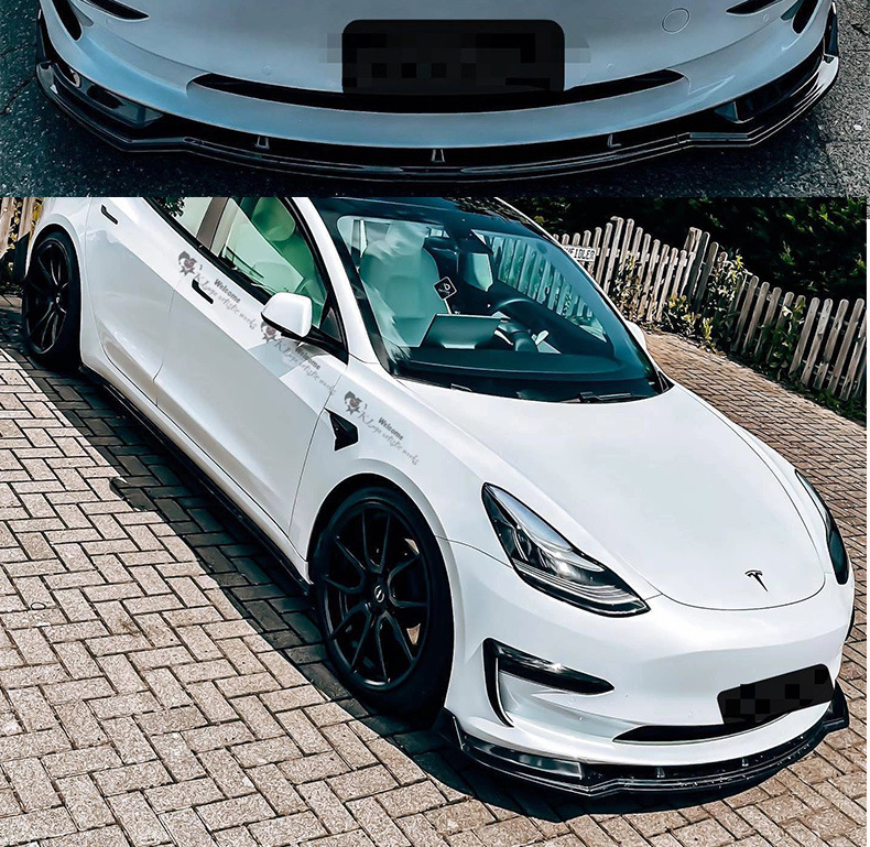 Suitable for Tesla Model Y Front Lip Modification Three-Stage Front Lip Non-Destructive Installation Bright Black Carbon Fiber Pattern Installation