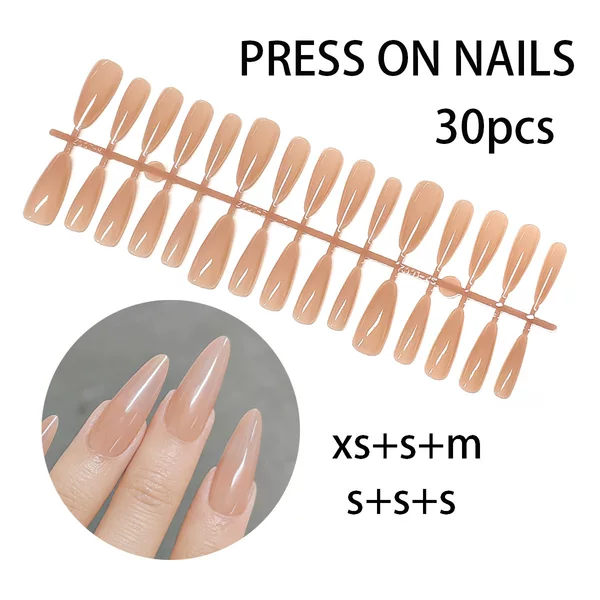 Long Almond-Shaped Nail Stickers with a High-End Feel, Nude Pink Skin Tone, 30 Pieces of Wearable Nails in Different Sizes