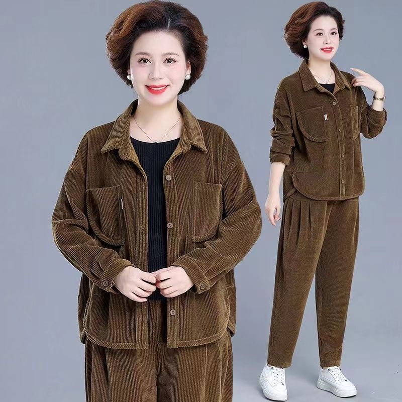 妈妈装时尚感灯芯绒套装女2025秋冬加厚加绒中老年休闲两件套|undefined