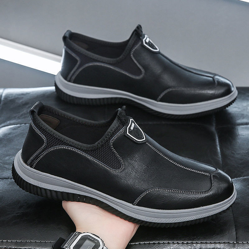 Soft Leather Sneakers 2026 Spring Men's Soft Leather Business Casual British Style Breathable Slip-On Shoes for Middle-Aged Dads