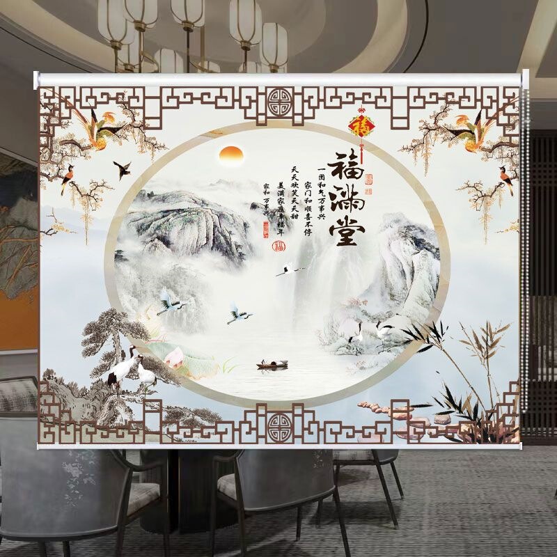 Custom-Made Roller Blinds with Chinese Landscape Design for Office, Living Room, and Bedroom, Sun-Blocking, Manual Pull, No-Drill, Full Blackout Sunshade Curtains