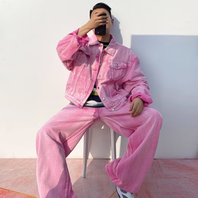 Cross-border foreign trade 2024 autumn new design Denim coat jacket pink tide personality American street retro men